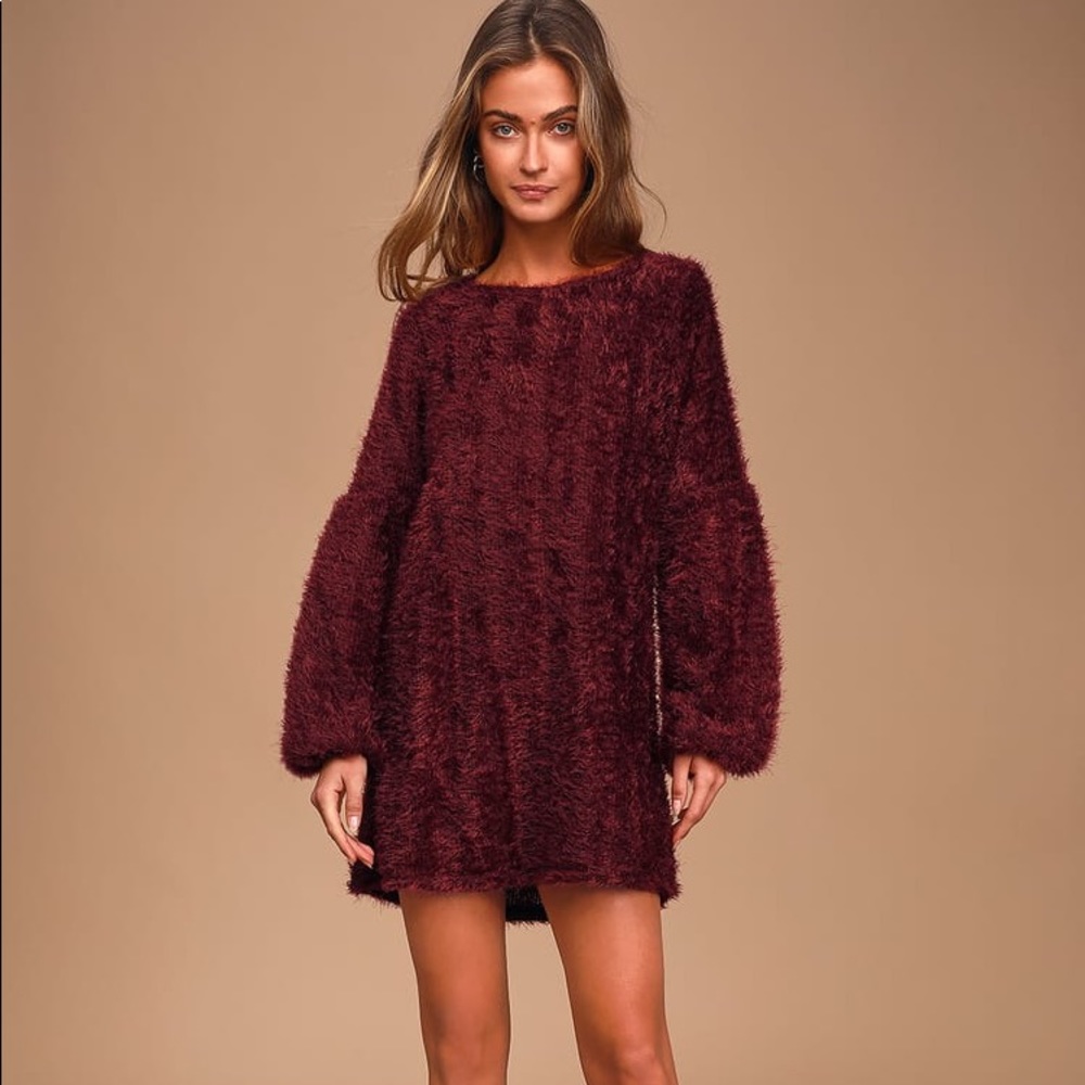 Lulu’s Couldn't Be Sweeter Burgundy Fuzzy Knit Sweater Dress